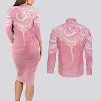 Breast Cancer Awareness Maori Aotearoa Couples Matching Long Sleeve Bodycon Dress and Long Sleeve Button Shirt Manta Ray - Pink Glaze - Polynesian Pride