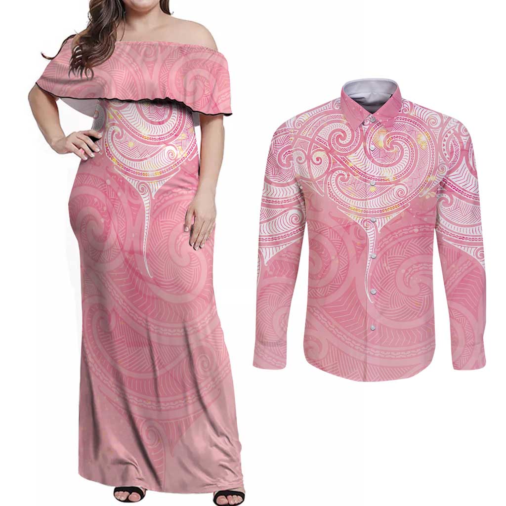 Breast Cancer Awareness Maori Aotearoa Couples Matching Off Shoulder Maxi Dress and Long Sleeve Button Shirt Manta Ray - Pink Glaze - Polynesian Pride