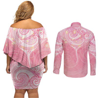 Breast Cancer Awareness Maori Aotearoa Couples Matching Off Shoulder Short Dress and Long Sleeve Button Shirt Manta Ray - Pink Glaze - Polynesian Pride