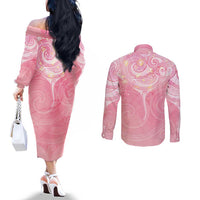 Breast Cancer Awareness Maori Aotearoa Couples Matching Off The Shoulder Long Sleeve Dress and Long Sleeve Button Shirt Manta Ray - Pink Glaze - Polynesian Pride