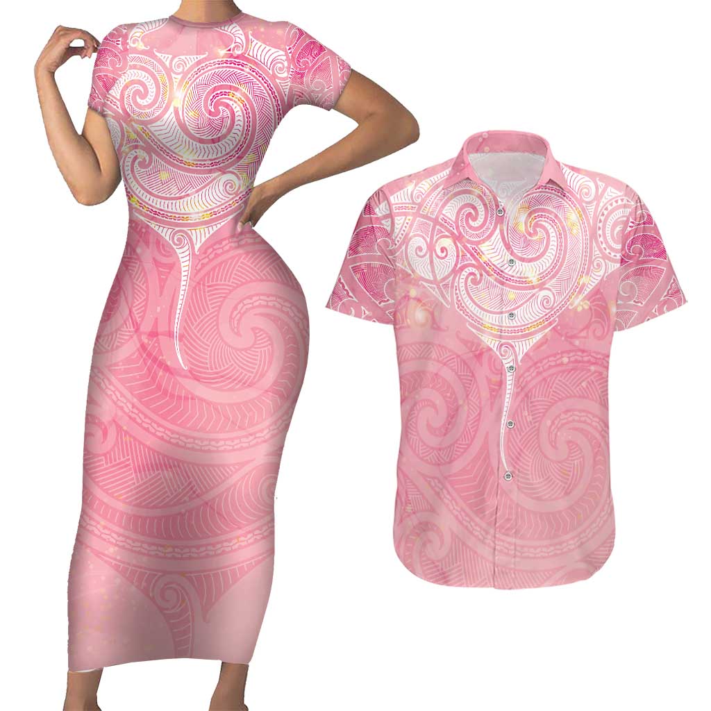 Breast Cancer Awareness Maori Aotearoa Couples Matching Short Sleeve Bodycon Dress and Hawaiian Shirt Manta Ray - Pink Glaze - Polynesian Pride