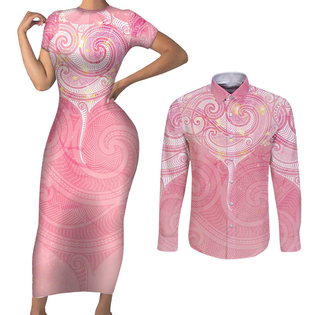 Breast Cancer Awareness Maori Aotearoa Couples Matching Short Sleeve Bodycon Dress and Long Sleeve Button Shirt Manta Ray - Pink Glaze - Polynesian Pride