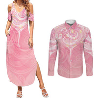 Breast Cancer Awareness Maori Aotearoa Couples Matching Summer Maxi Dress and Long Sleeve Button Shirt Manta Ray - Pink Glaze - Polynesian Pride