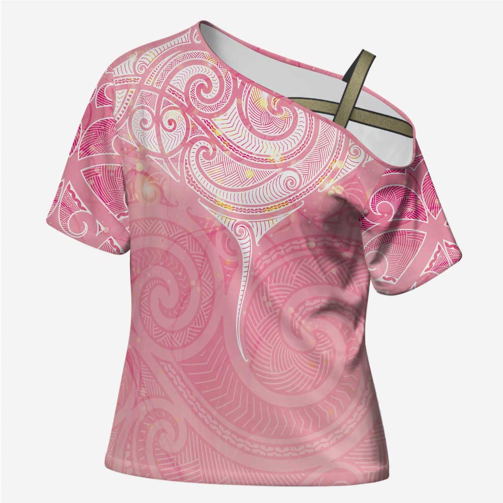 Breast Cancer Awareness Maori Aotearoa Cross Shoulder Shirt Manta Ray - Pink Glaze - Polynesian Pride