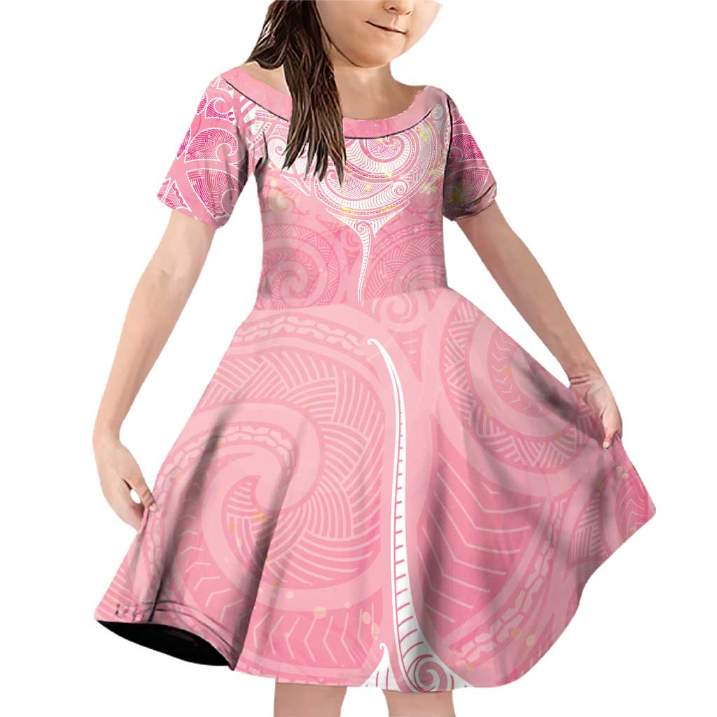 Breast Cancer Awareness Maori Aotearoa Family Matching Off Shoulder Short Dress and Hawaiian Shirt Manta Ray - Pink Glaze - Polynesian Pride