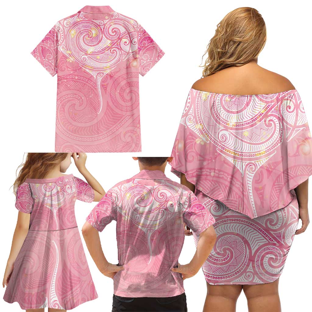 Breast Cancer Awareness Maori Aotearoa Family Matching Off Shoulder Short Dress and Hawaiian Shirt Manta Ray - Pink Glaze - Polynesian Pride