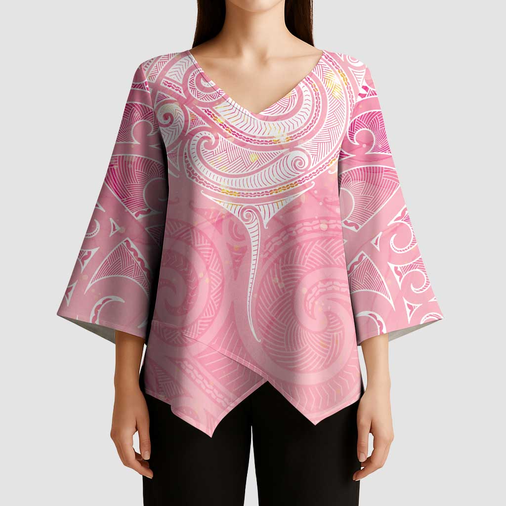 Breast Cancer Awareness Maori Aotearoa Kimono Sleeve Blouse Manta Ray - Pink Glaze - Polynesian Pride