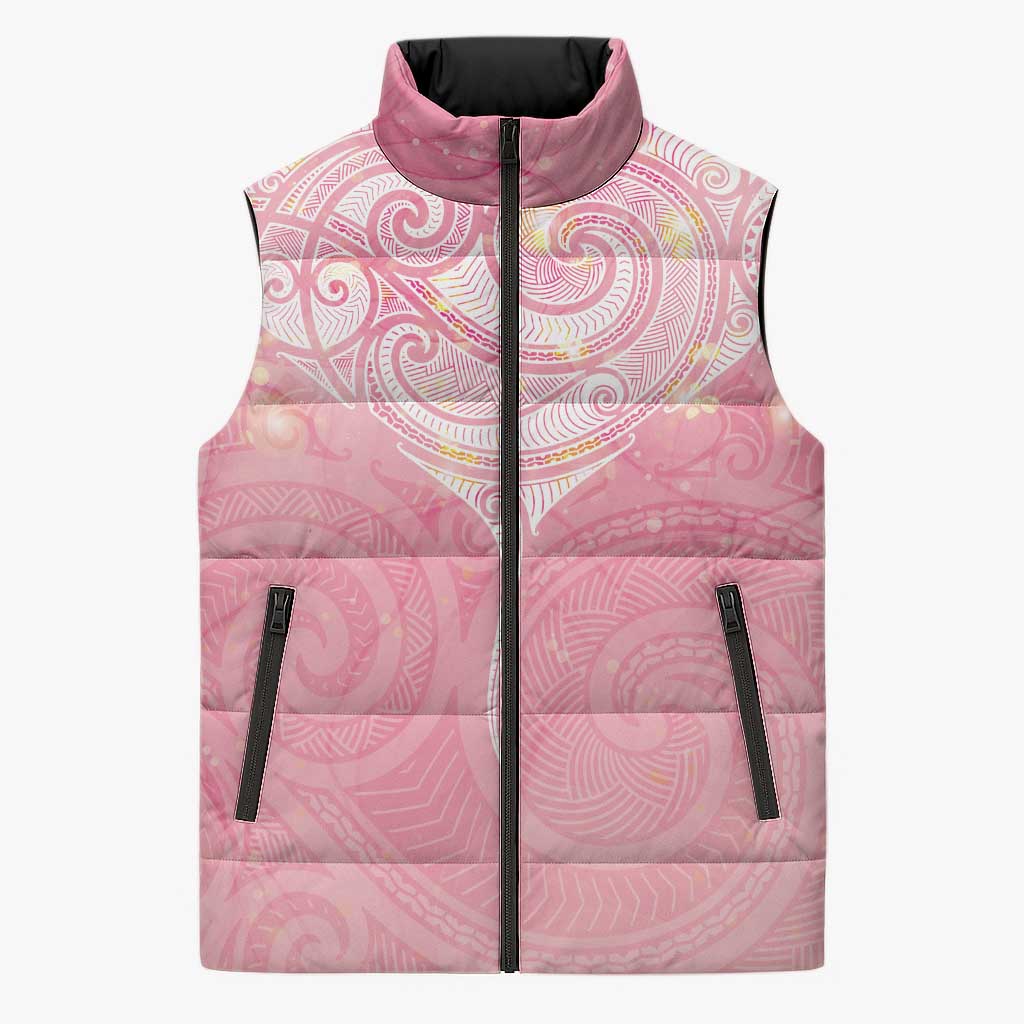 Breast Cancer Awareness Maori Aotearoa Sleeveless Puffer Jacket Manta Ray - Pink Glaze - Polynesian Pride