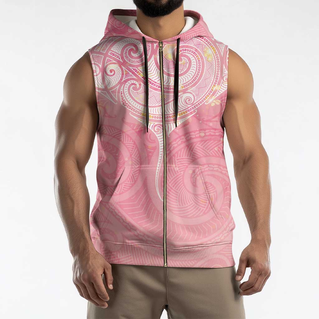 Breast Cancer Awareness Maori Aotearoa Sleeveless Zip Hoodie Manta Ray - Pink Glaze - Polynesian Pride