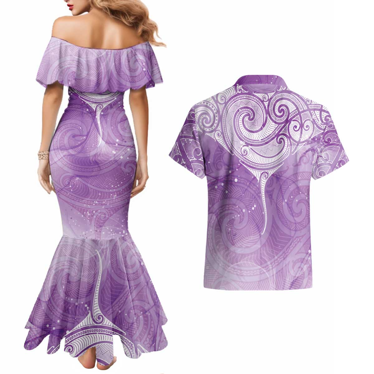 Epilepsy Awareness Maori Aotearoa Couples Matching Mermaid Dress and Hawaiian Shirt Manta Ray - Purple Glaze - Polynesian Pride