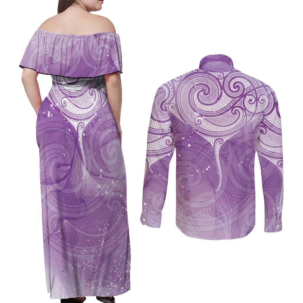 Epilepsy Awareness Maori Aotearoa Couples Matching Off Shoulder Maxi Dress and Long Sleeve Button Shirt Manta Ray - Purple Glaze - Polynesian Pride