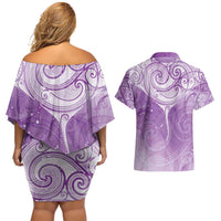 Epilepsy Awareness Maori Aotearoa Couples Matching Off Shoulder Short Dress and Hawaiian Shirt Manta Ray - Purple Glaze - Polynesian Pride