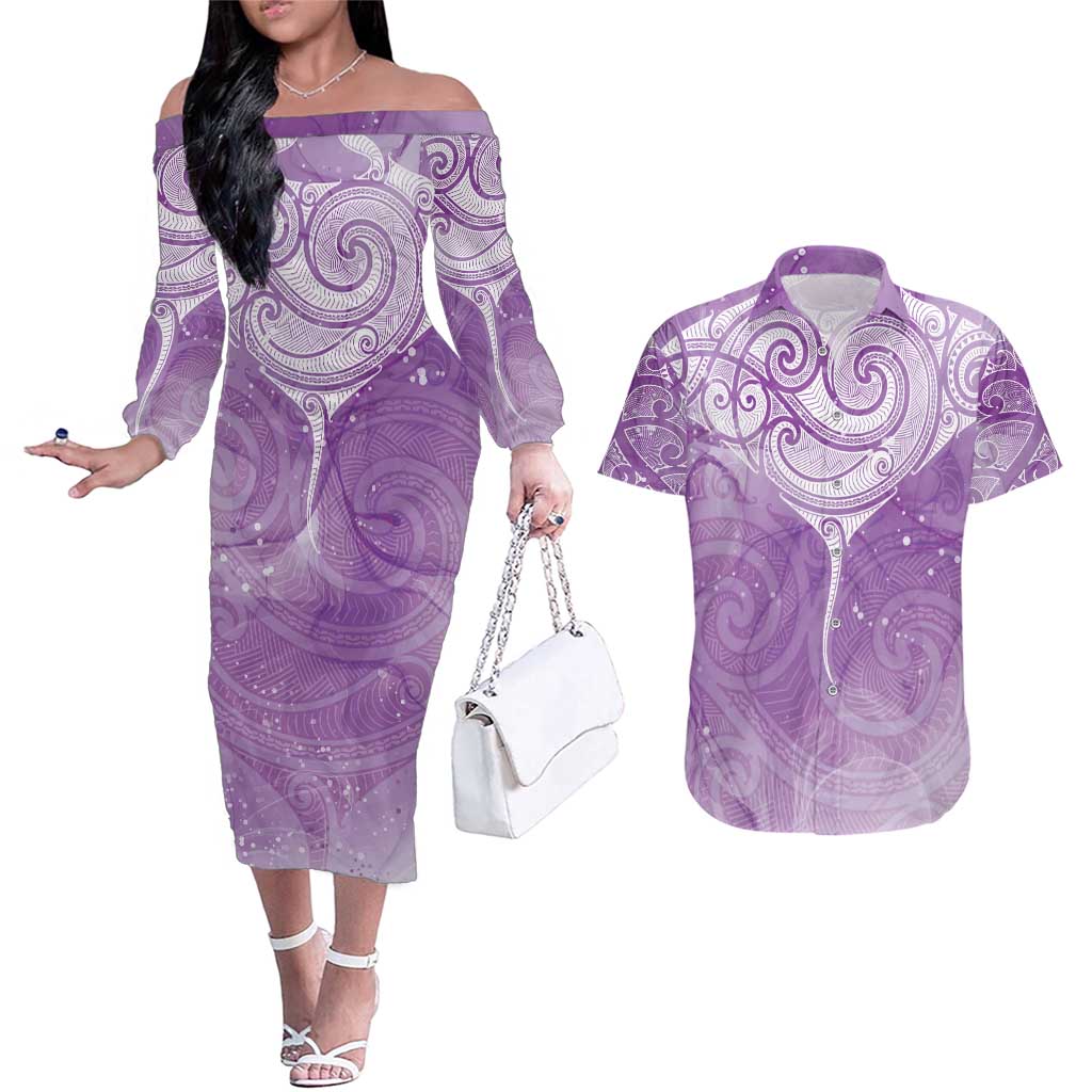 Epilepsy Awareness Maori Aotearoa Couples Matching Off The Shoulder Long Sleeve Dress and Hawaiian Shirt Manta Ray - Purple Glaze - Polynesian Pride