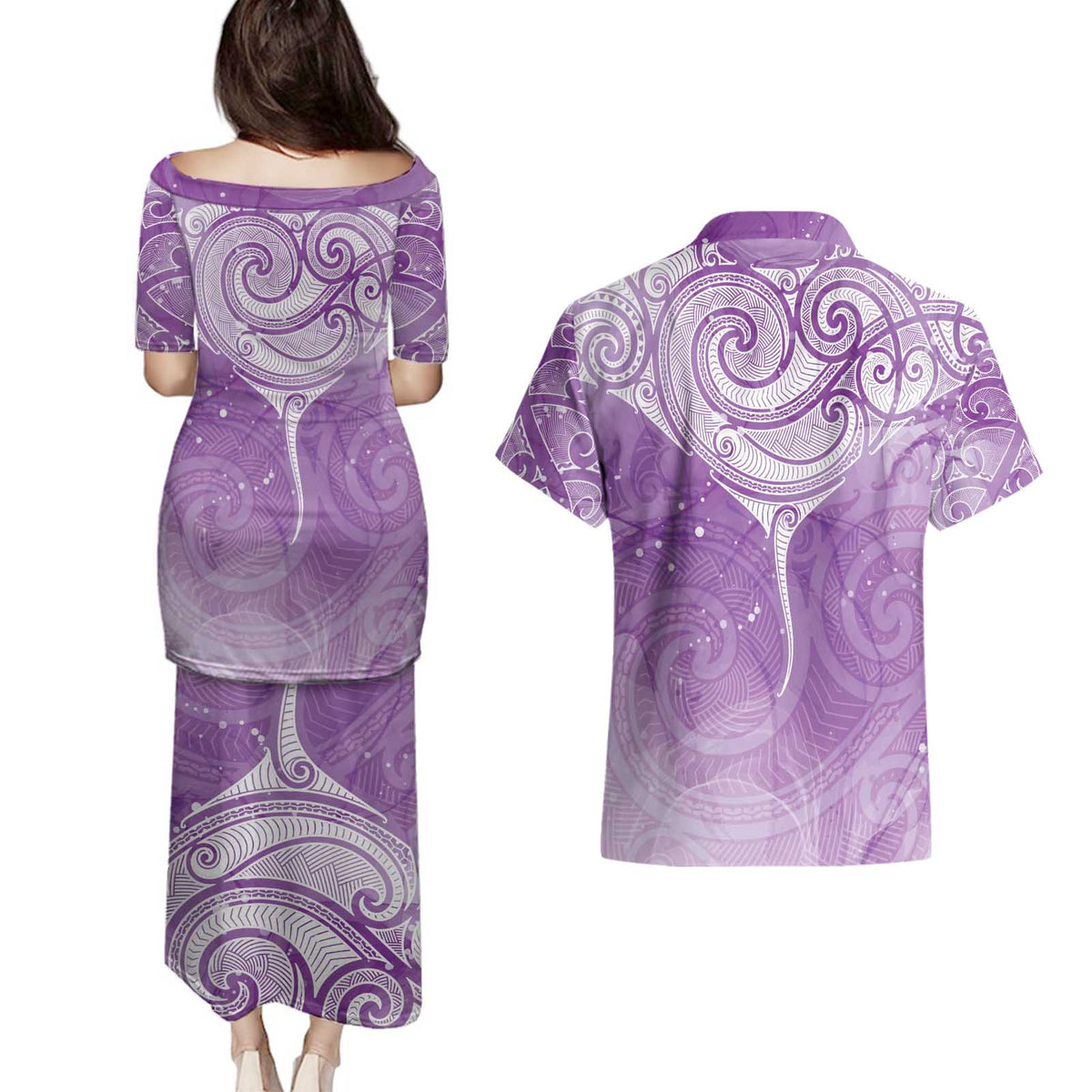 Epilepsy Awareness Maori Aotearoa Couples Matching Puletasi and Hawaiian Shirt Manta Ray - Purple Glaze - Polynesian Pride
