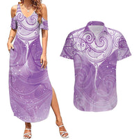 Epilepsy Awareness Maori Aotearoa Couples Matching Summer Maxi Dress and Hawaiian Shirt Manta Ray - Purple Glaze - Polynesian Pride