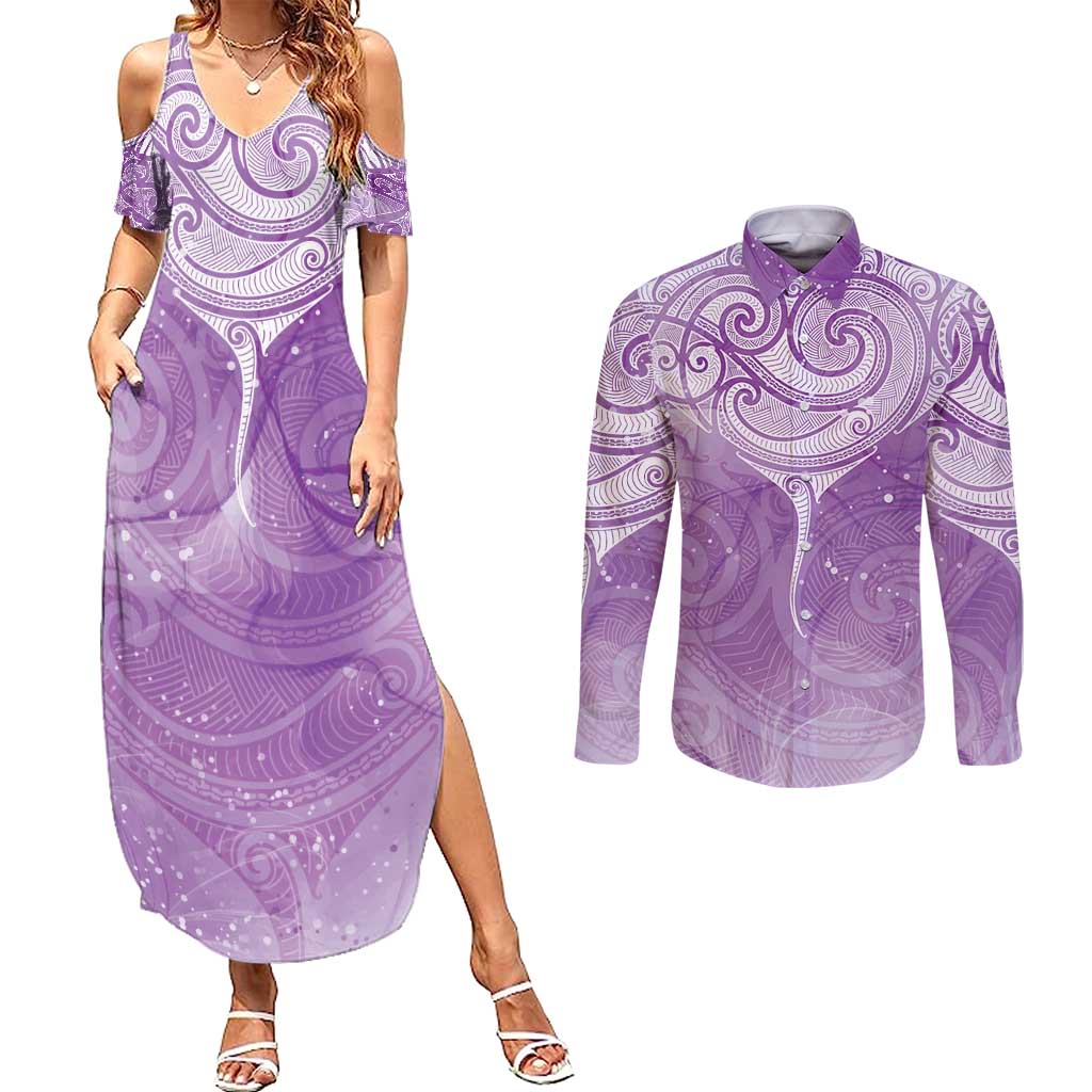 Epilepsy Awareness Maori Aotearoa Couples Matching Summer Maxi Dress and Long Sleeve Button Shirt Manta Ray - Purple Glaze - Polynesian Pride