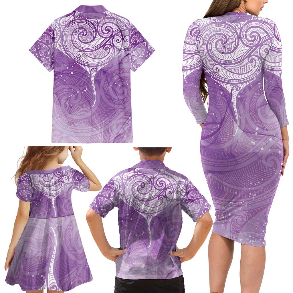Epilepsy Awareness Maori Aotearoa Family Matching Long Sleeve Bodycon Dress and Hawaiian Shirt Manta Ray - Purple Glaze - Polynesian Pride
