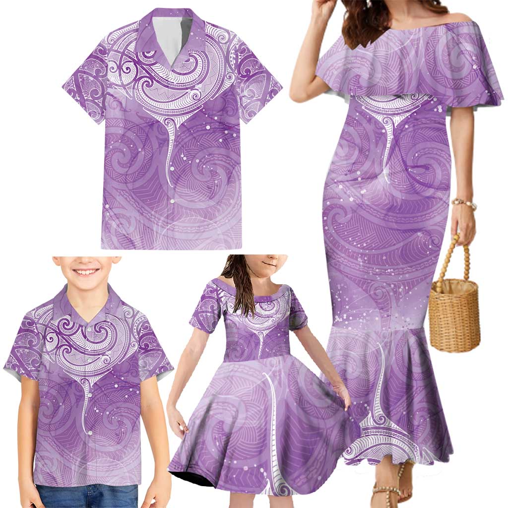 Epilepsy Awareness Maori Aotearoa Family Matching Mermaid Dress and Hawaiian Shirt Manta Ray - Purple Glaze - Polynesian Pride