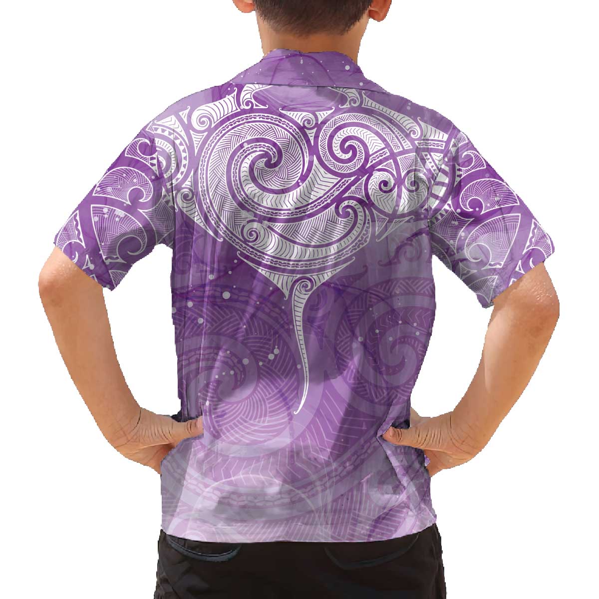 Epilepsy Awareness Maori Aotearoa Family Matching Off The Shoulder Long Sleeve Dress and Hawaiian Shirt Manta Ray - Purple Glaze - Polynesian Pride