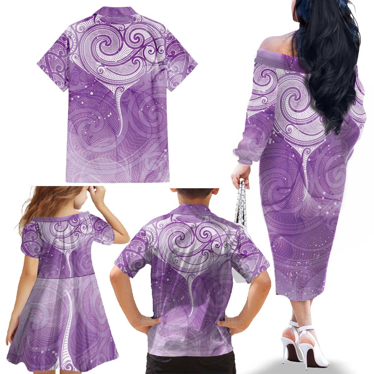 Epilepsy Awareness Maori Aotearoa Family Matching Off The Shoulder Long Sleeve Dress and Hawaiian Shirt Manta Ray - Purple Glaze - Polynesian Pride