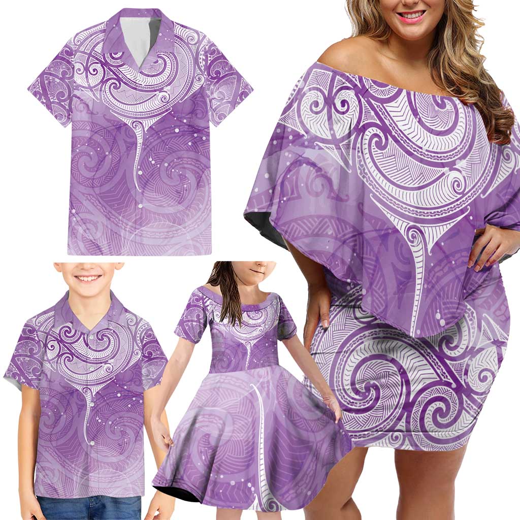 Epilepsy Awareness Maori Aotearoa Family Matching Off Shoulder Short Dress and Hawaiian Shirt Manta Ray - Purple Glaze - Polynesian Pride