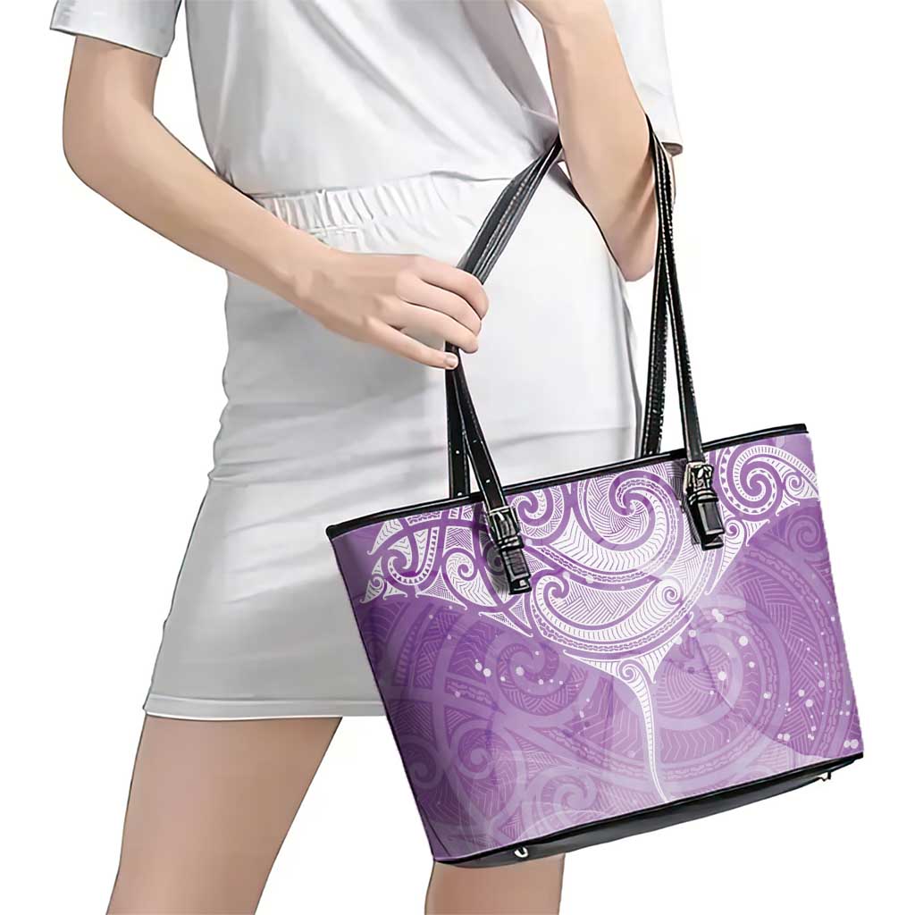 Epilepsy Awareness Maori Aotearoa Leather Tote Bag Manta Ray - Purple Glaze - Polynesian Pride