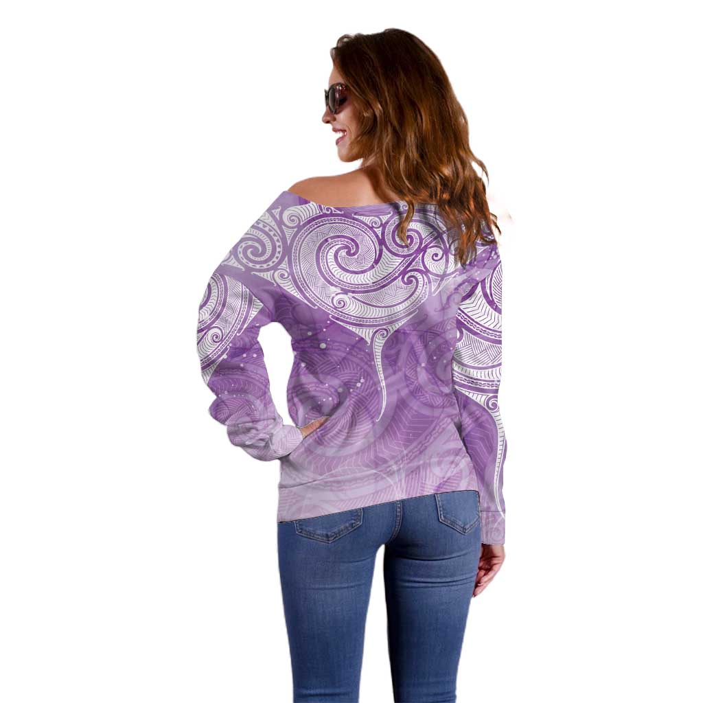 Epilepsy Awareness Maori Aotearoa Off Shoulder Sweater Manta Ray - Purple Glaze - Polynesian Pride