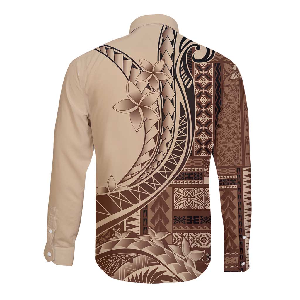 Samoa Siapo Mamanu Long Sleeve Button Shirt Plumeria Mocha Motifs