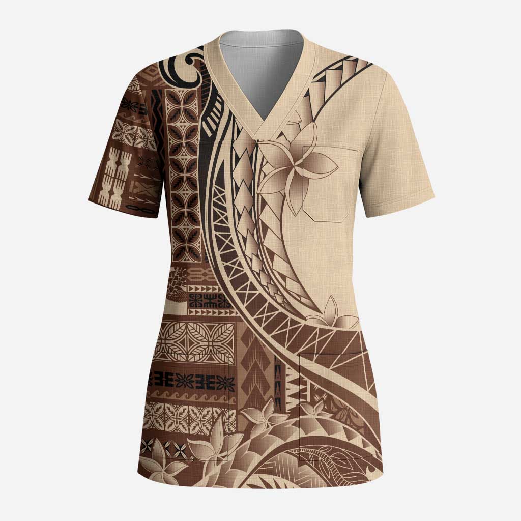 Samoa Siapo Mamanu Scrub Top Plumeria Mocha Motifs LT7 Adult Mocha - Polynesian Pride