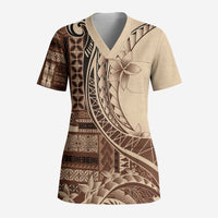 Samoa Siapo Mamanu Scrub Top Plumeria Mocha Motifs LT7 Adult Mocha - Polynesian Pride