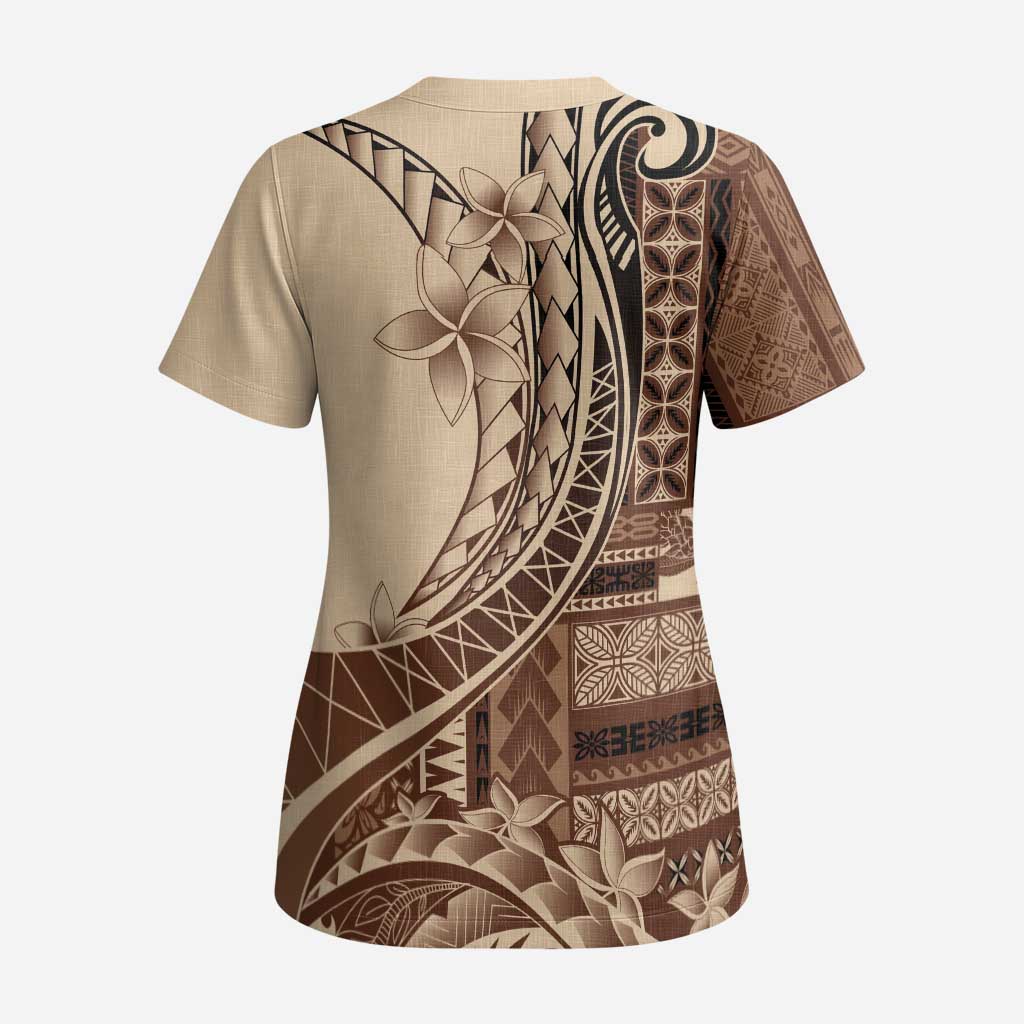 Samoa Siapo Mamanu Scrub Top Plumeria Mocha Motifs LT7 - Polynesian Pride