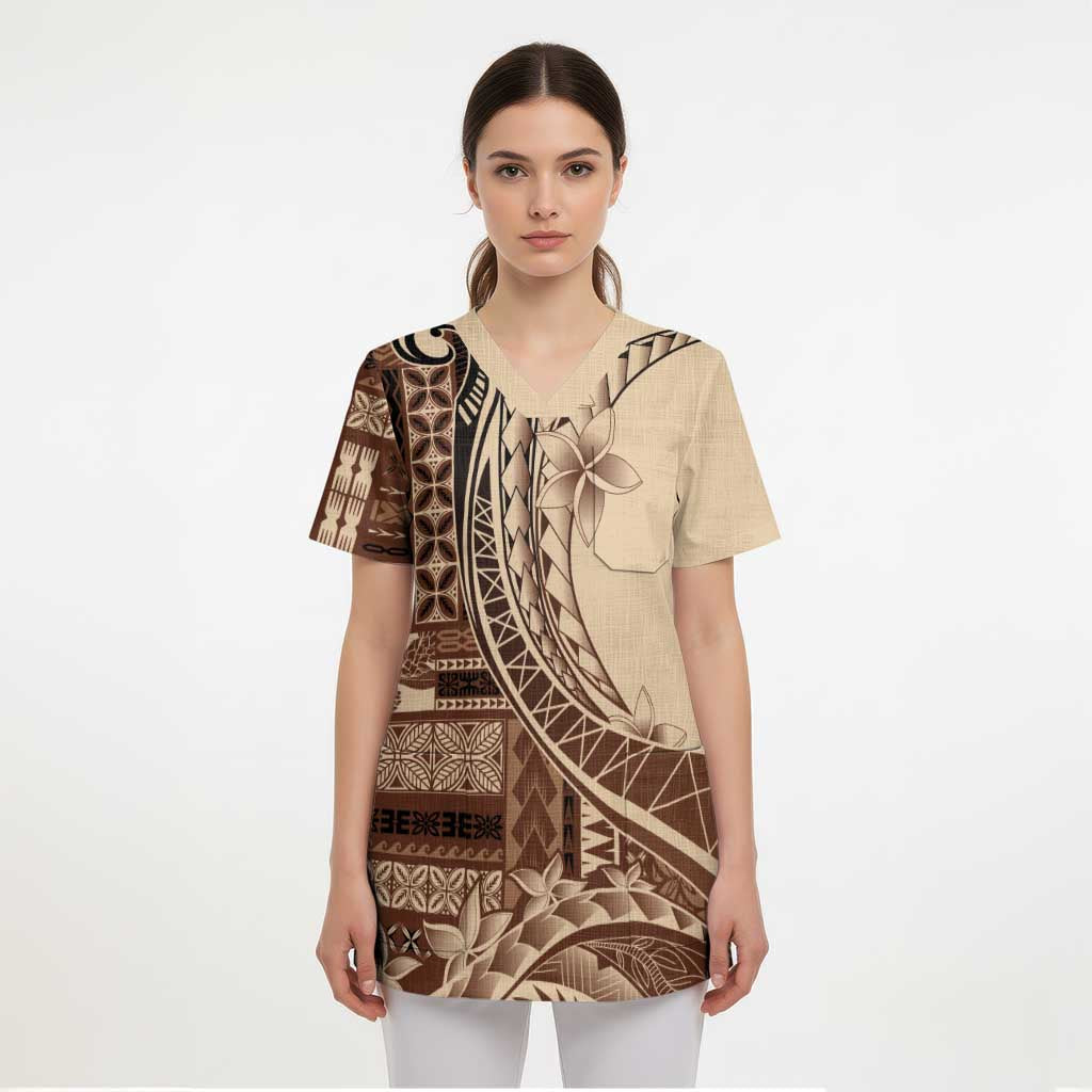 Samoa Siapo Mamanu Scrub Top Plumeria Mocha Motifs LT7 - Polynesian Pride