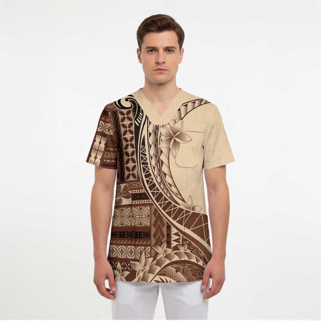 Samoa Siapo Mamanu Scrub Top Plumeria Mocha Motifs LT7 - Polynesian Pride