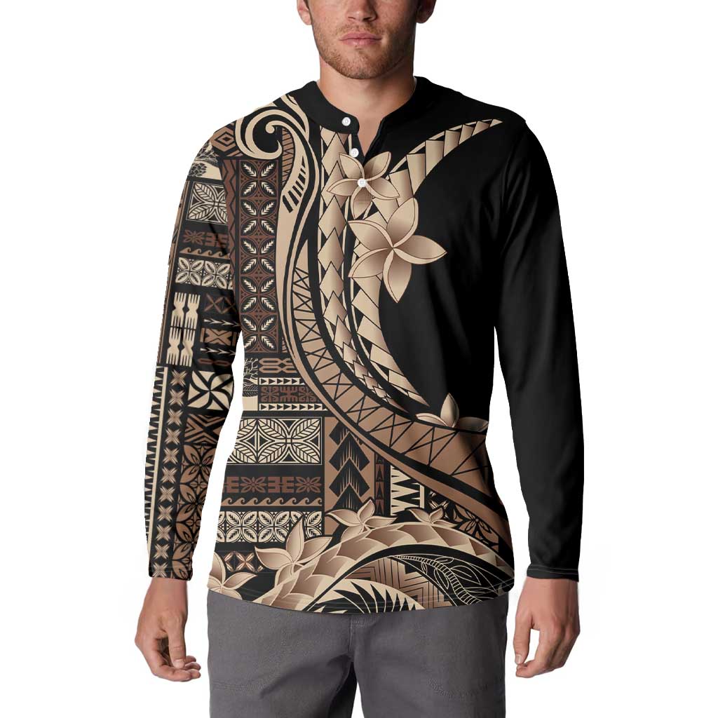 Samoa Siapo Mamanu Button Sweatshirt Plumeria Black Motifs