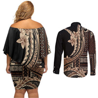 Samoa Siapo Mamanu Couples Matching Off Shoulder Short Dress and Long Sleeve Button Shirt Plumeria Black Motifs