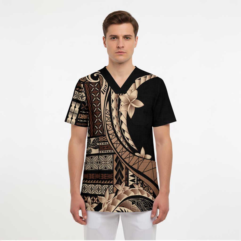 Samoa Siapo Mamanu Scrub Top Plumeria Black Motifs LT7 - Polynesian Pride