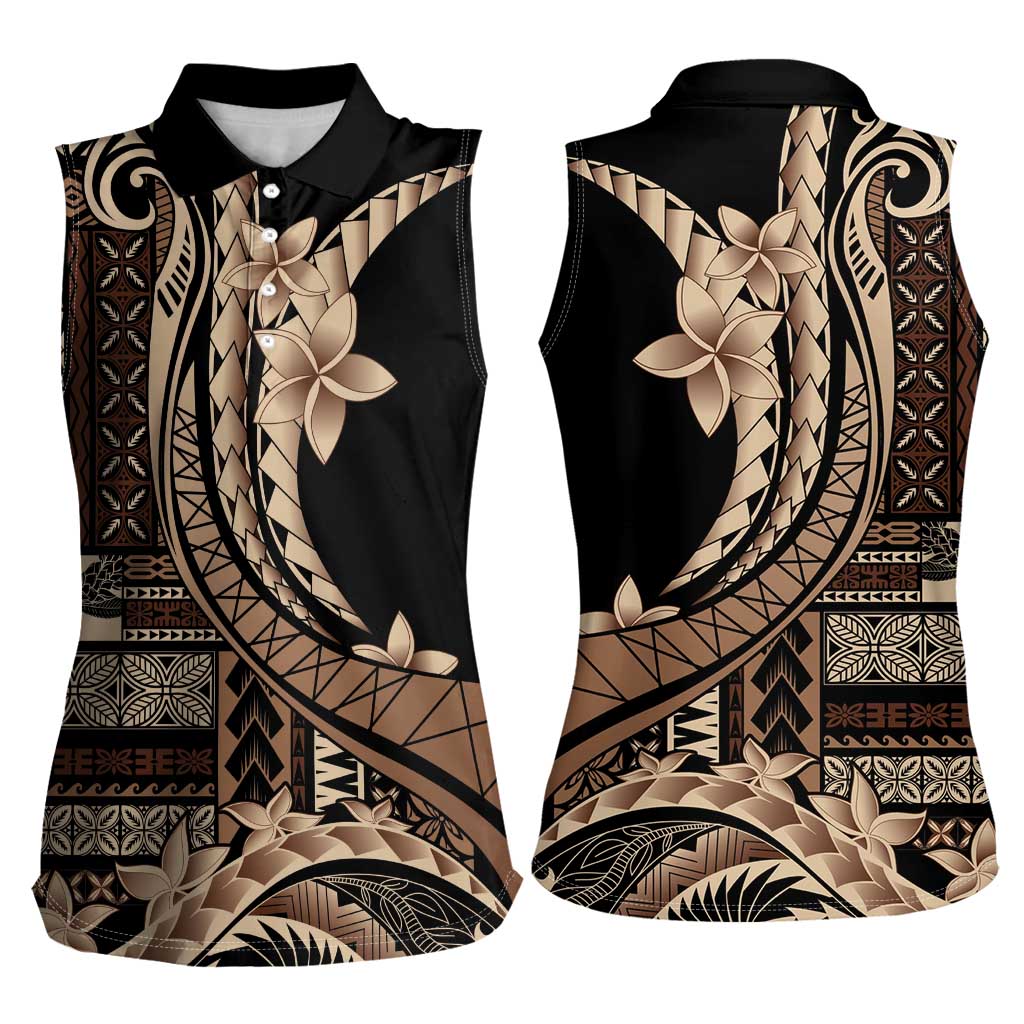 Samoa Siapo Mamanu Women Sleeveless Polo Shirt Plumeria Black Motifs LT7 - Polynesian Pride