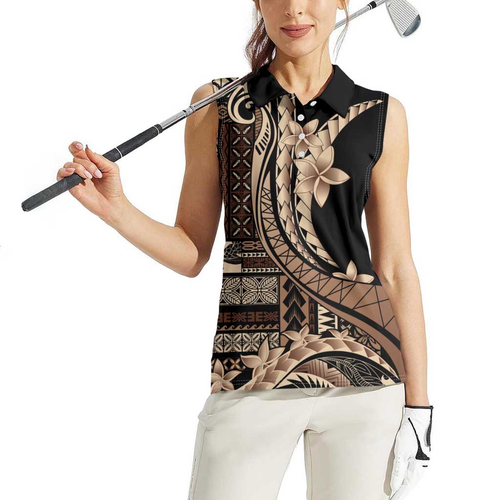 Samoa Siapo Mamanu Women Sleeveless Polo Shirt Plumeria Black Motifs LT7 - Polynesian Pride