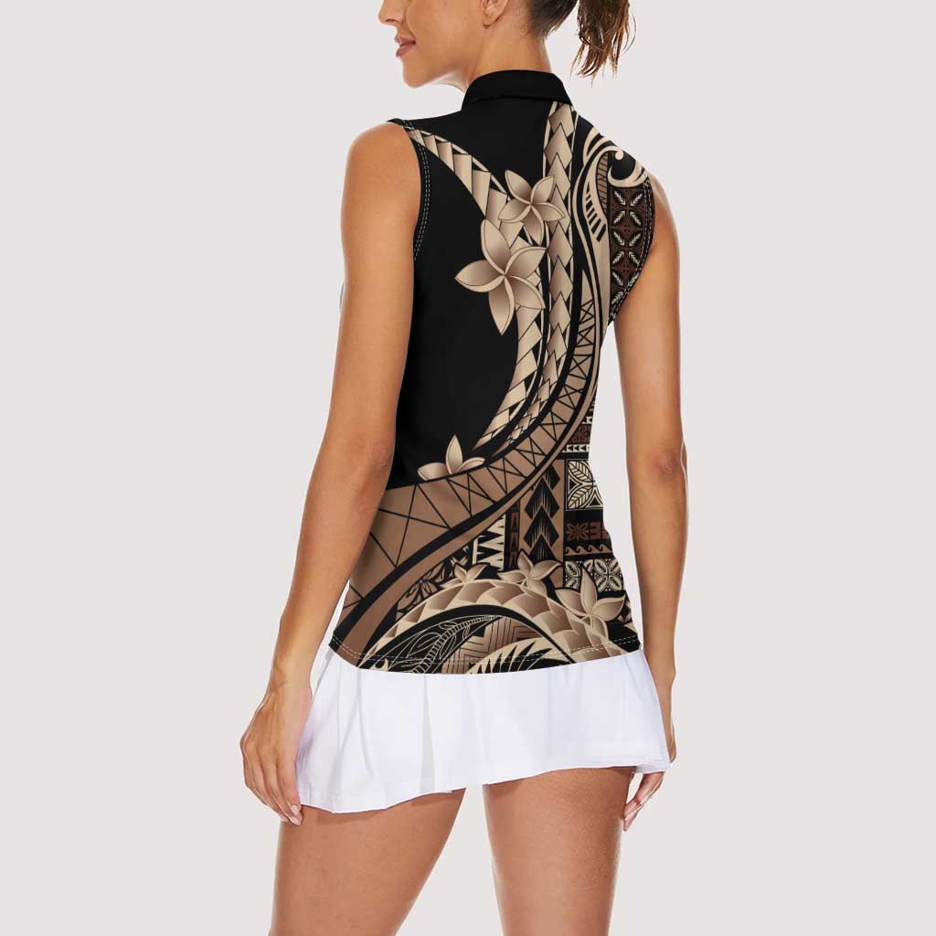 Samoa Siapo Mamanu Women Sleeveless Polo Shirt Plumeria Black Motifs LT7 - Polynesian Pride