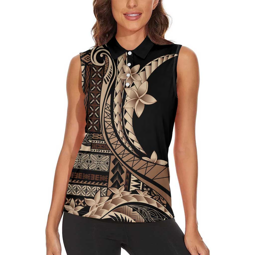 Samoa Siapo Mamanu Women Sleeveless Polo Shirt Plumeria Black Motifs LT7 - Polynesian Pride