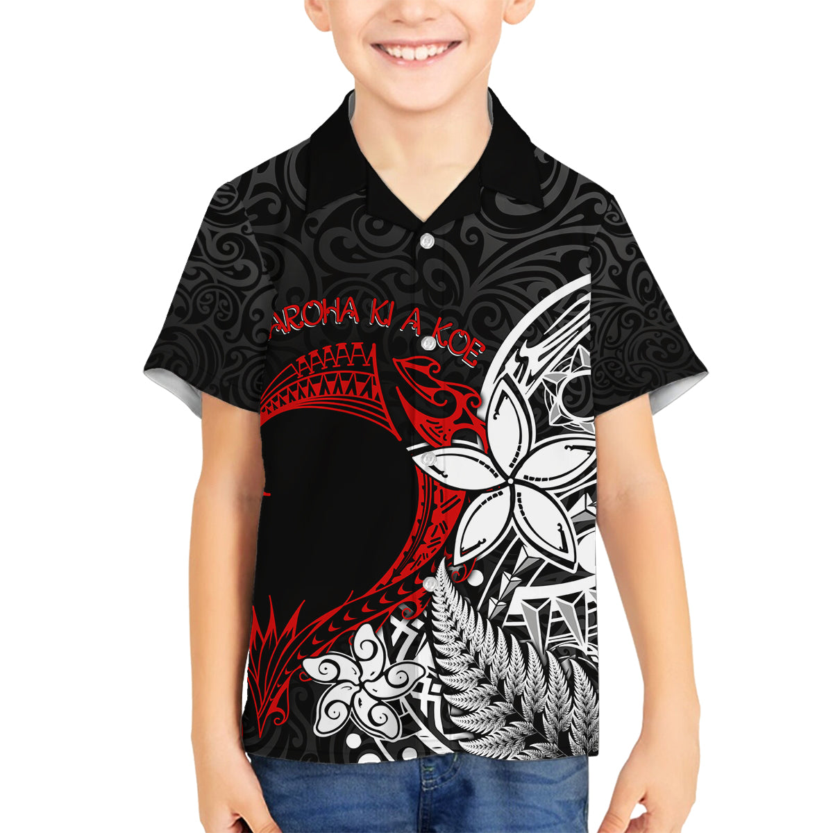 Valentine New Zealand Family Matching Tank Maxi Dress and Hawaiian Shirt Aotearoa Couple Maori Aroha Ki a Koe LT7 Son's Shirt Black - Polynesian Pride