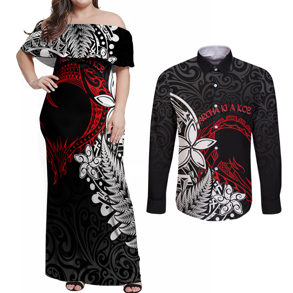 New Zealand Aotearoa Valentine Couples Matching Off Shoulder Maxi Dress and Long Sleeve Button Shirt Couple Maori Aroha Ki a Koe Ver.02 LT7 Black - Polynesian Pride