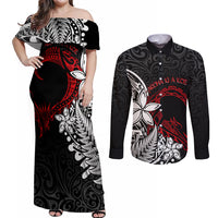 New Zealand Aotearoa Valentine Couples Matching Off Shoulder Maxi Dress and Long Sleeve Button Shirt Couple Maori Aroha Ki a Koe Ver.02 LT7 Black - Polynesian Pride
