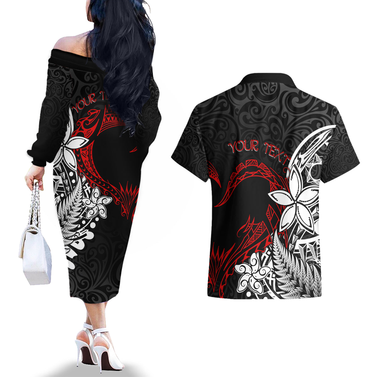 New Zealand Aotearoa Valentine Couples Matching Off The Shoulder Long Sleeve Dress and Hawaiian Shirt Couple Maori Aroha Ki a Koe Ver.02 LT7 - Polynesian Pride