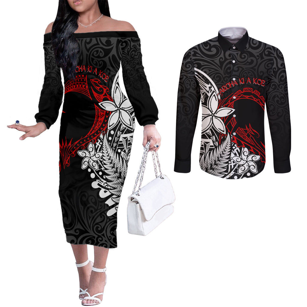 New Zealand Aotearoa Valentine Couples Matching Off The Shoulder Long Sleeve Dress and Long Sleeve Button Shirt Couple Maori Aroha Ki a Koe Ver.02 LT7 Black - Polynesian Pride