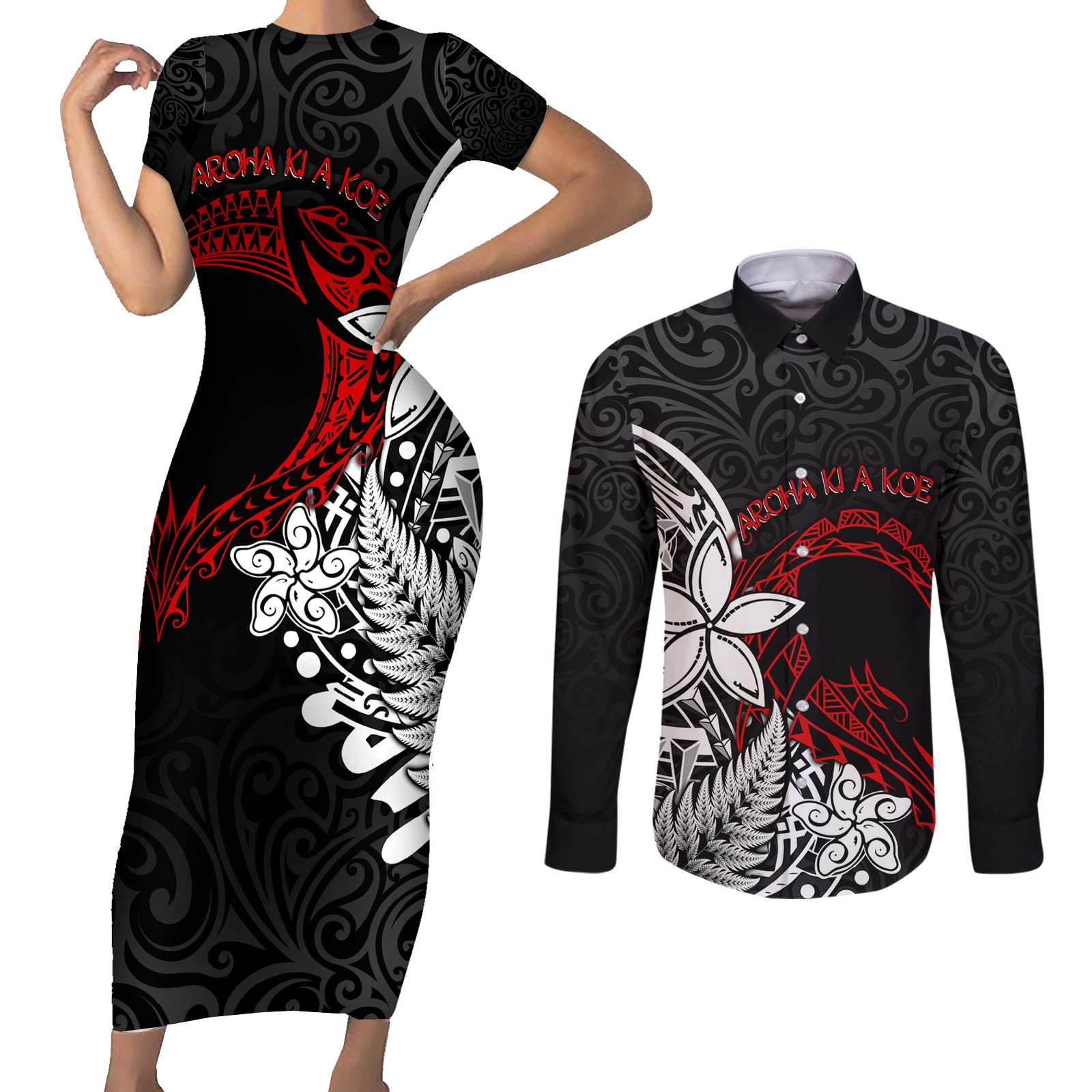 New Zealand Aotearoa Valentine Couples Matching Short Sleeve Bodycon Dress and Long Sleeve Button Shirt Couple Maori Aroha Ki a Koe Ver.02 LT7 Black - Polynesian Pride