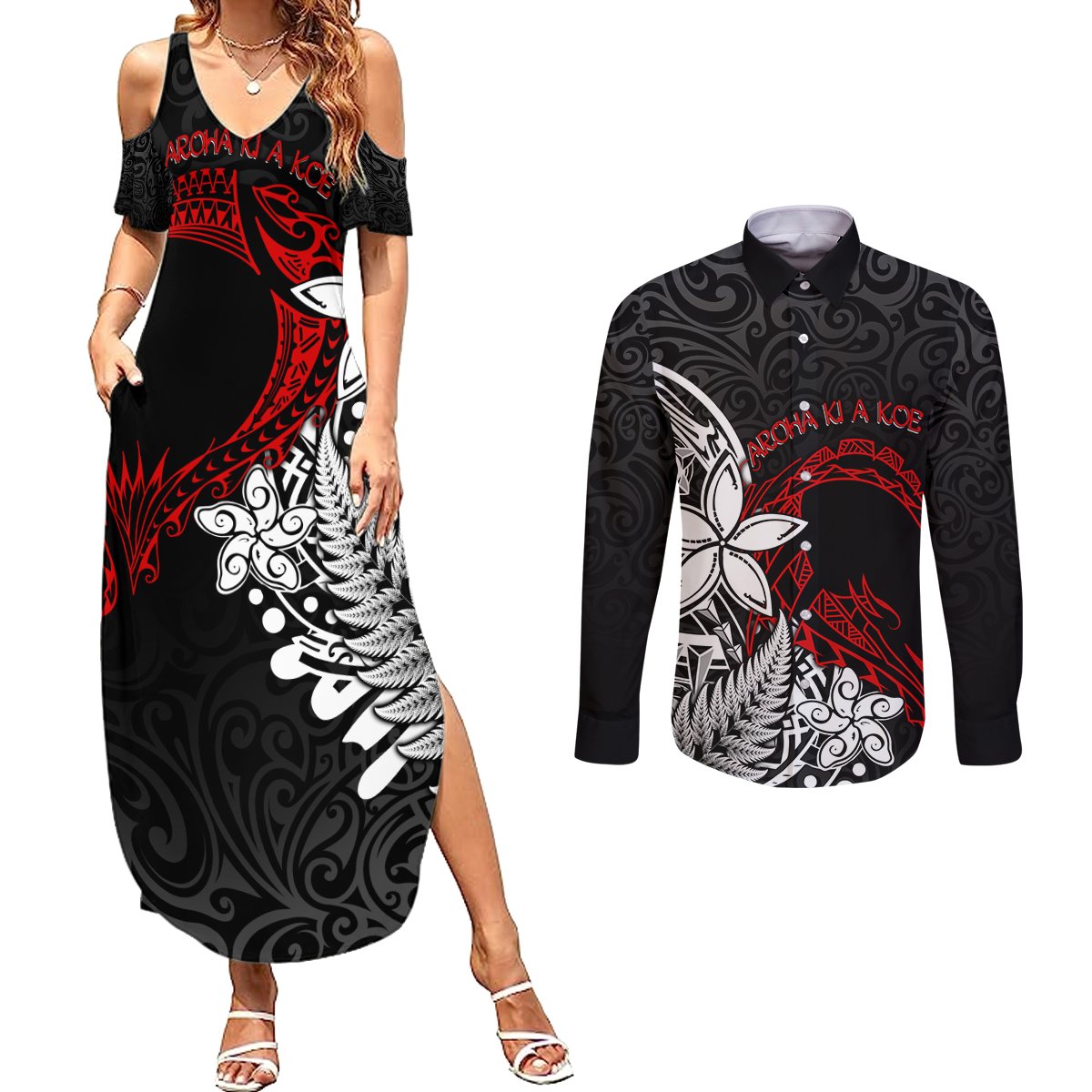 New Zealand Aotearoa Valentine Couples Matching Summer Maxi Dress and Long Sleeve Button Shirt Couple Maori Aroha Ki a Koe Ver.02 LT7 Black - Polynesian Pride