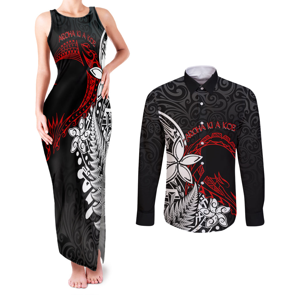 New Zealand Aotearoa Valentine Couples Matching Tank Maxi Dress and Long Sleeve Button Shirt Couple Maori Aroha Ki a Koe Ver.02 LT7 Black - Polynesian Pride