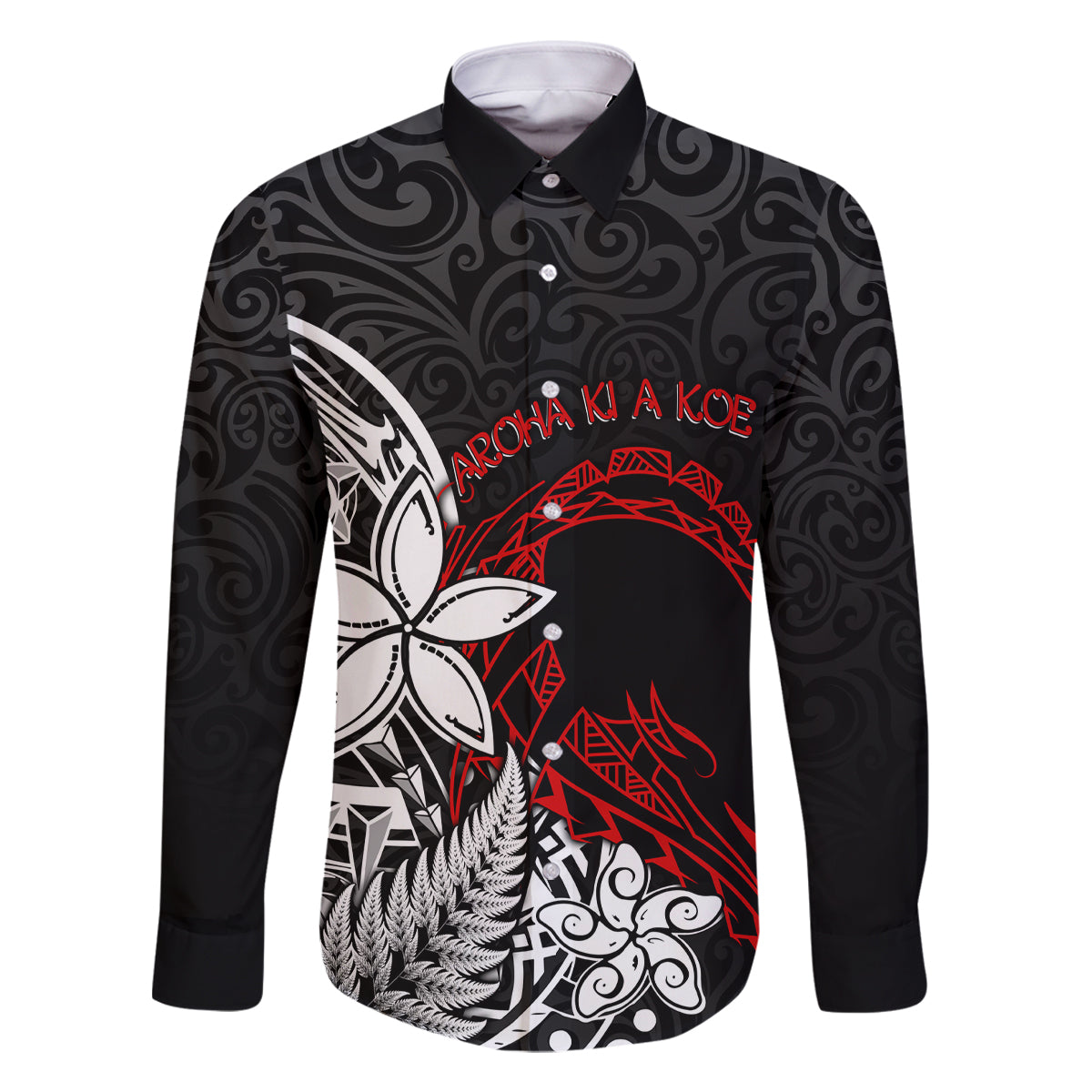New Zealand Aotearoa Valentine Family Matching Off Shoulder Short Dress and Hawaiian Shirt Couple Maori Aroha Ki a Koe Ver.02 LT7 Dad's Shirt - Long Sleeve Black - Polynesian Pride