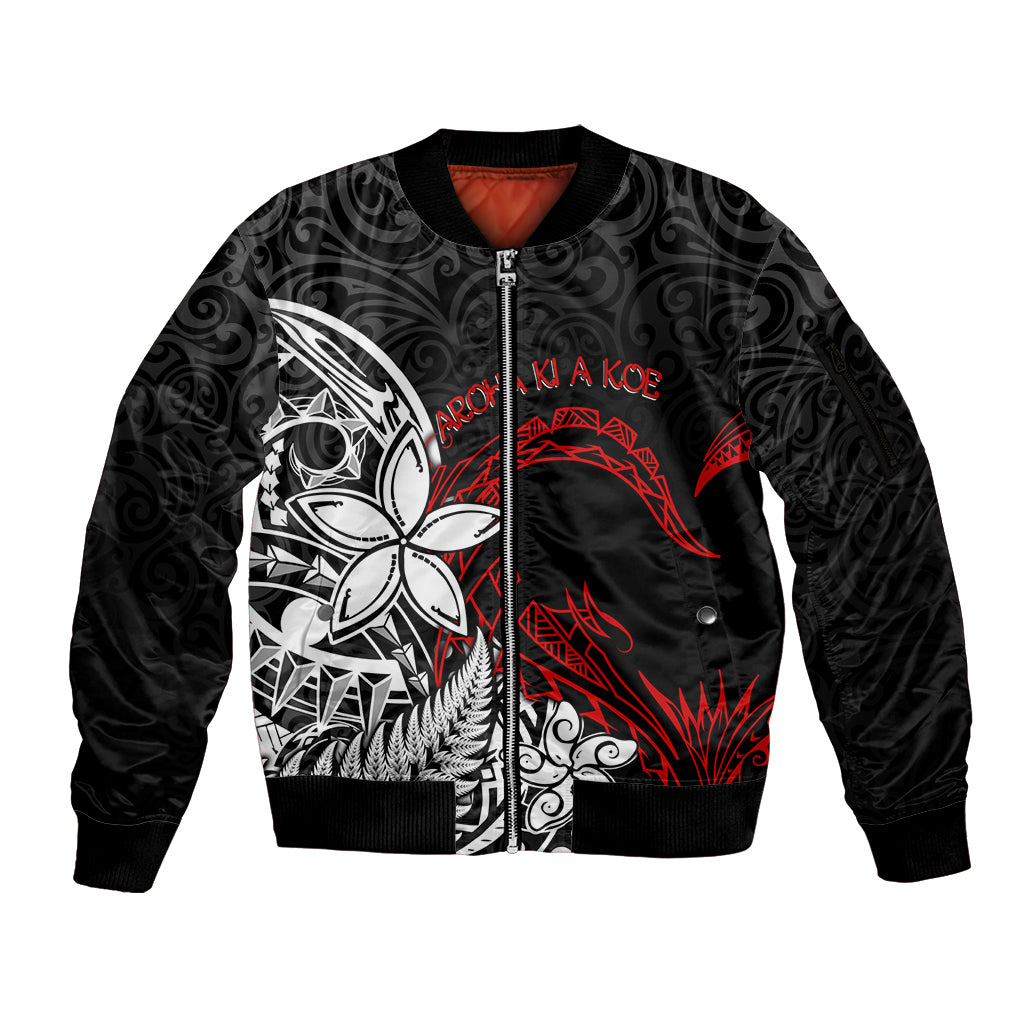 New Zealand Aotearoa Valentine Sleeve Zip Bomber Jacket Couple Maori Aroha Ki a Koe Ver.02 LT7 Unisex Black - Polynesian Pride